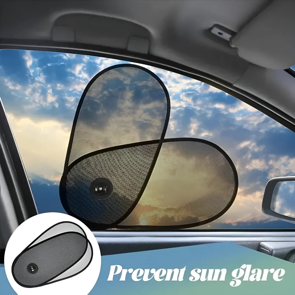 Black stretchy car side window sun shade with suction cups, installed on a car window.