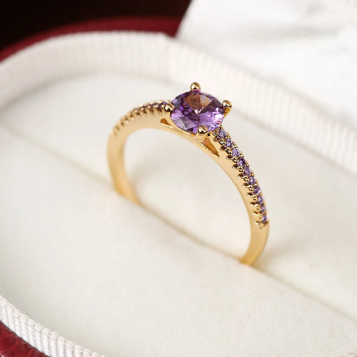 Geometric hexagon copper ring with zircon crystals in gold rose red finish