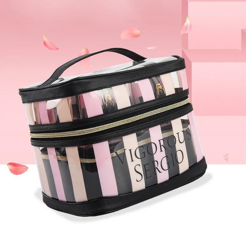 Pink striped floral pattern waterproof synthetic leather folding makeup bag with nylon lining