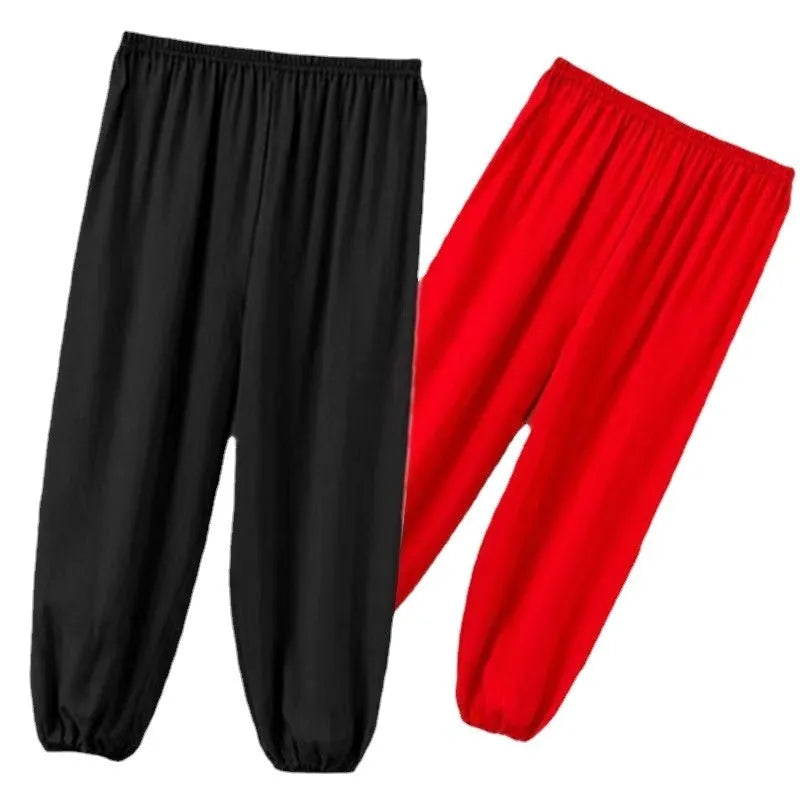Black children's high elasticity Lycra practice pants for Sanda martial arts.