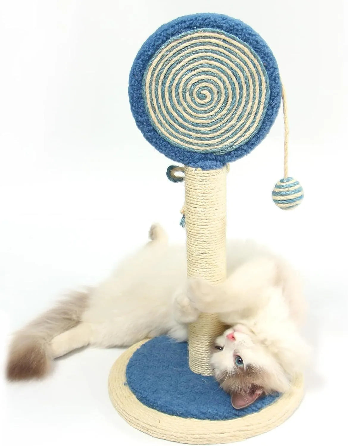 Blue cat scratching post with sisal rope, hanging ball toy, and a sturdy wooden base