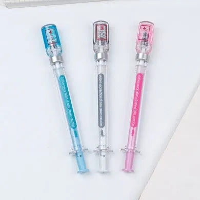 Vaccine design novelty gel pen with black ink 0.5mm tip on white background.