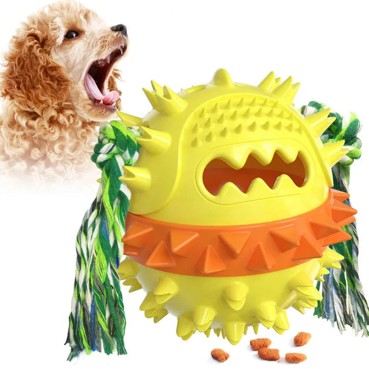 Blue and red TPR rubber dog ball with treat hole and squeaker for large breed chewers.