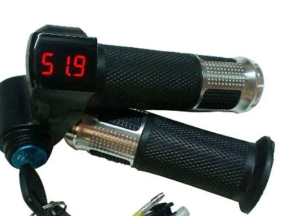 Electric vehicle handlebar grip in blue, red, silver, and yellow colours, showing 5-core wiring connector.