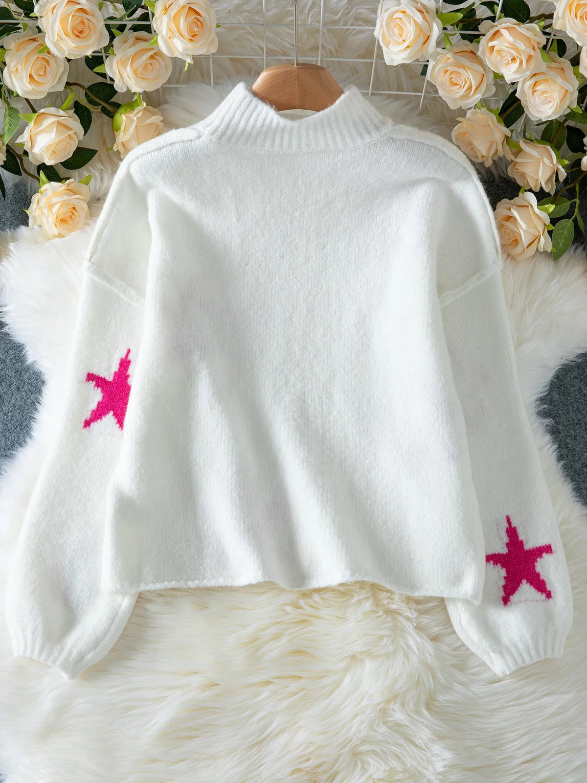 White women's turtleneck pullover sweater with five-pointed star pattern and loose fit