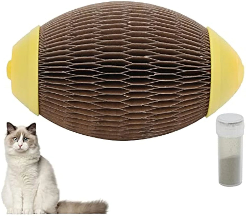 Elliptical corrugated paper catnip football toy measuring 65mm by 108mm