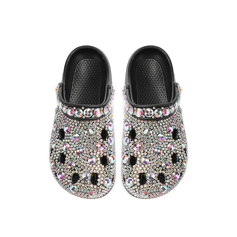Black platform sandals for women with rhinestone decorations and hole-patterned EVA upper