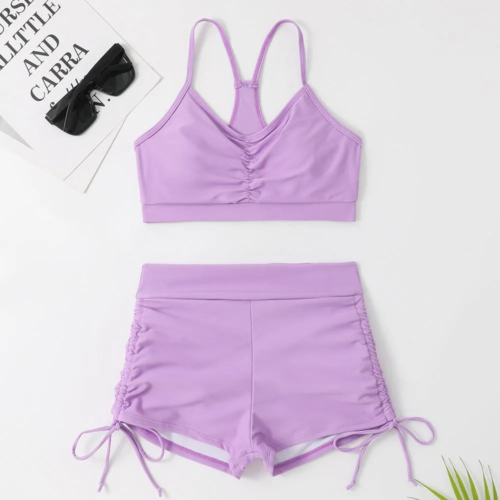 Women's purple and black high waist split swimsuit for swimming and surfing