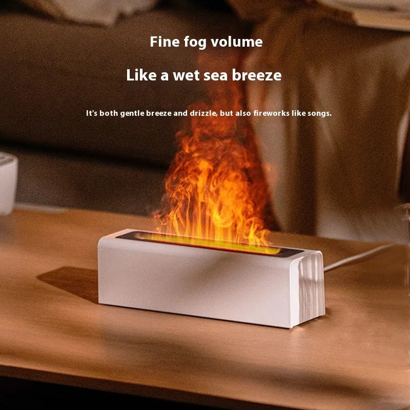 Square USB aromatherapy diffuser with colourful simulated flame effect and humidification function