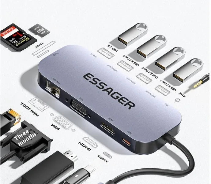 11-in-1 USB-C expansion hub with attached cable and Gigabit Ethernet port on a desk.
