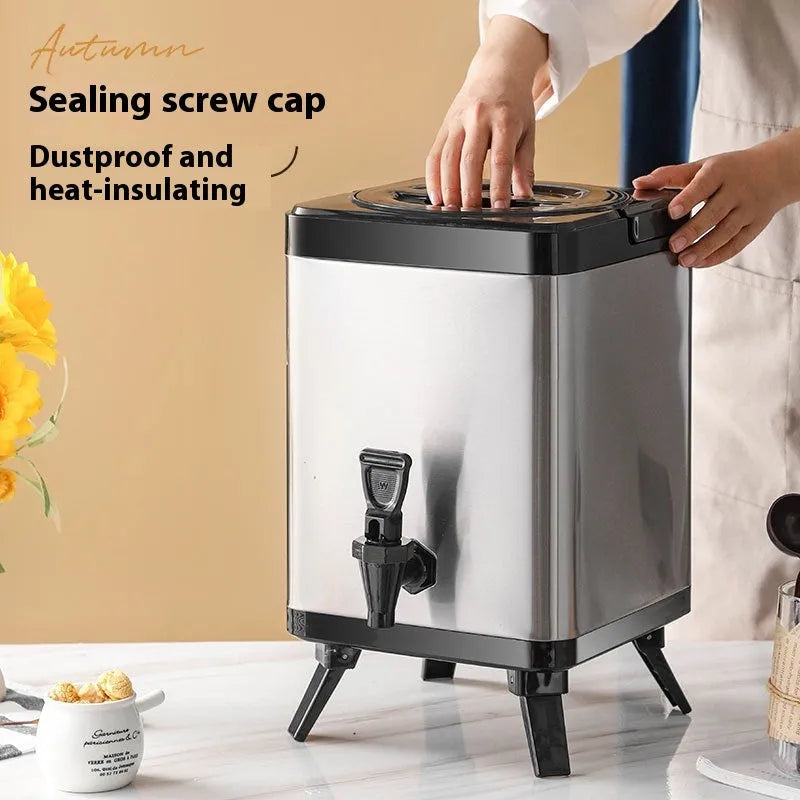 Silver 8L stainless steel milk tea bucket with square lock lid for commercial cold drink insulation
