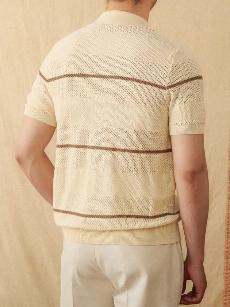 Camel coloured lapel collar short sleeve knitted cardigan on a hanger