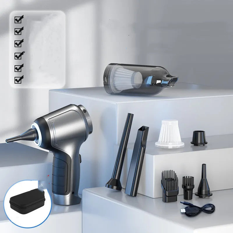 Handheld and vertical car mounted brushless inflatable vacuum cleaner with EVA bag.