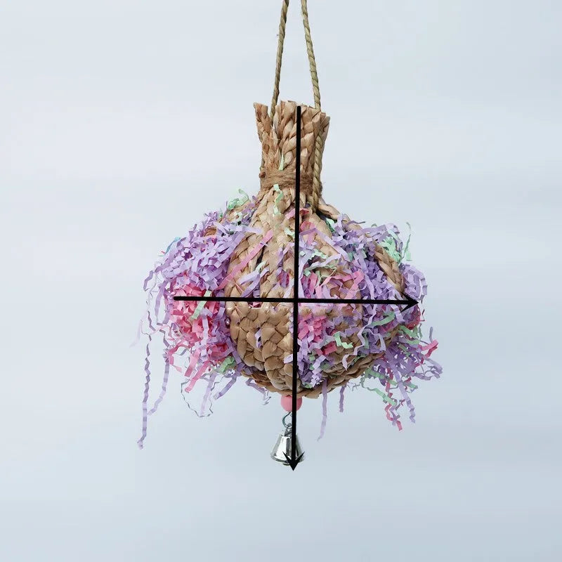 Straw paper parrot chew toy with rope, approximately 15cm diameter and 23cm length, bite resistant