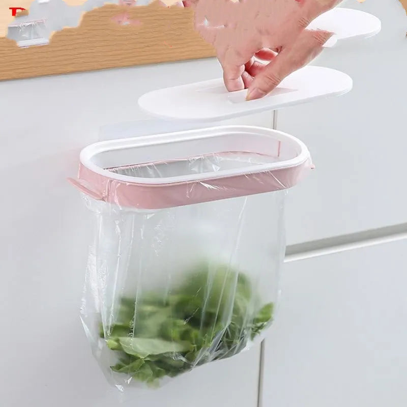 Plastic kitchen garbage bag storage rack in blue or pink for cabinet organisation