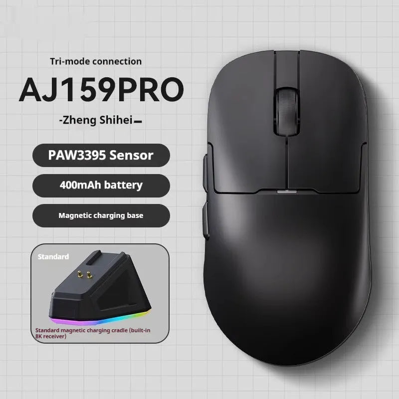 AJ159 white and black gaming mouse with three-mode connectivity on a mouse mat