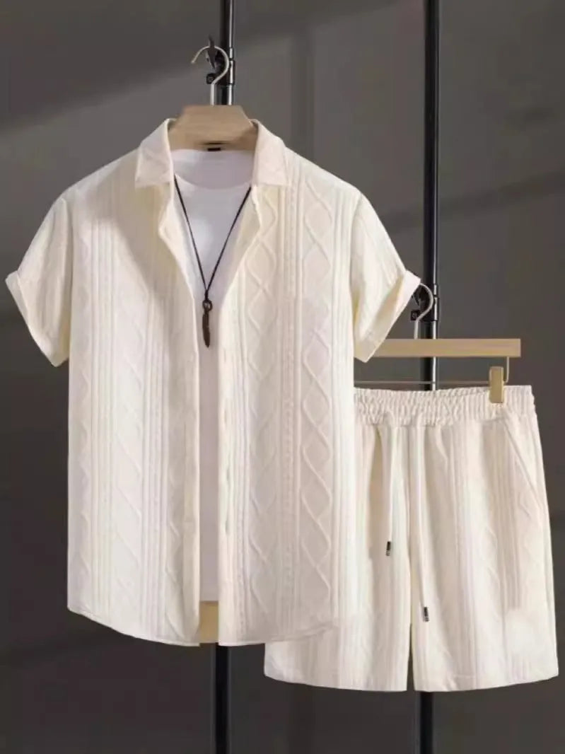 Jacquard short sleeve suit set in chemical fibre blend fabric available in beige, black, grey, or white