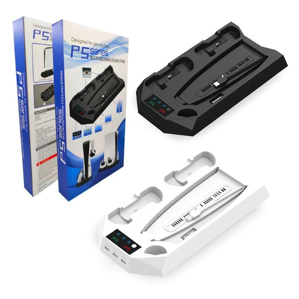Black PS5 charging base stand holding a console upright with two wireless controllers charging in slots.