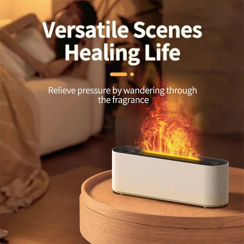 Black ultrasonic aroma diffuser with LED flame light effect emitting cool mist