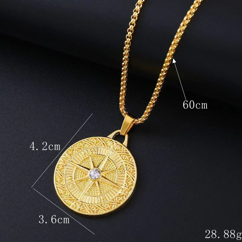 Gold-coloured geometric women's necklace with inlaid zircon detail on alloy pendant.