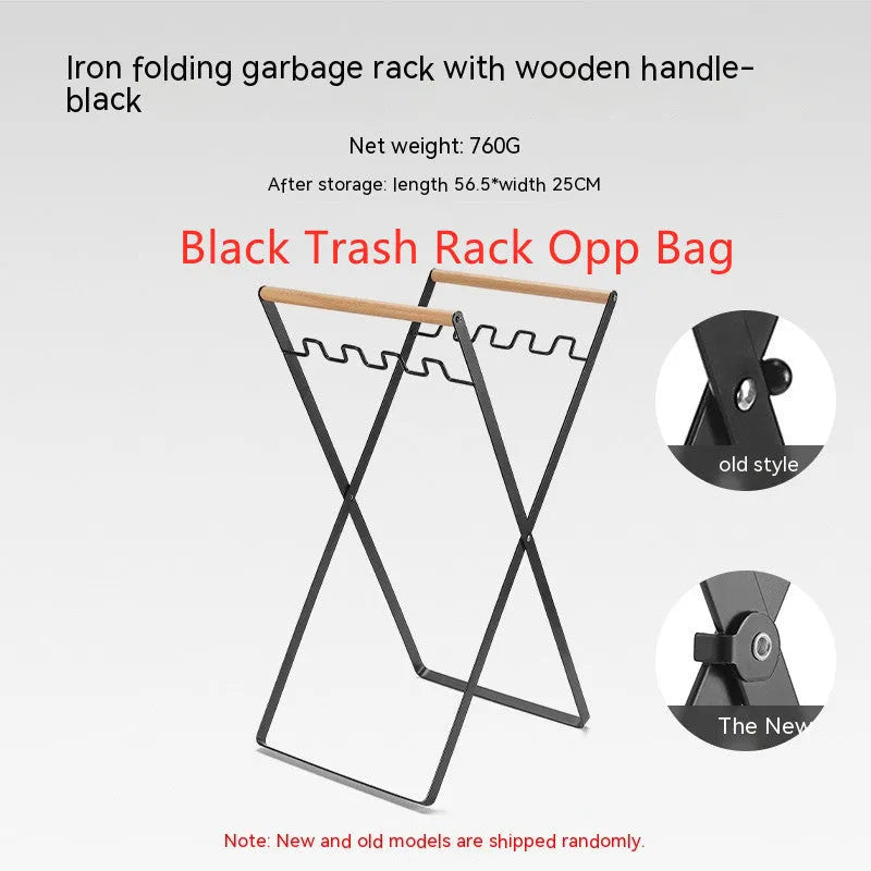 Black folding iron outdoor trash rack with a wooden handle holding a waste bag.