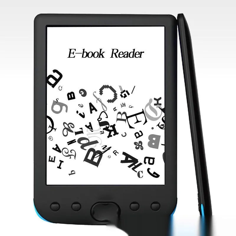 Black 6-inch E-ink screen e-book reader showing book text display