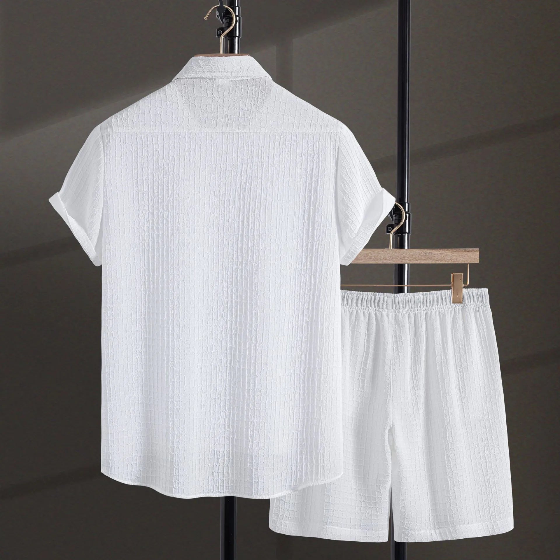 Men's white jacquard patterned short sleeve shirt with matching shorts casual set