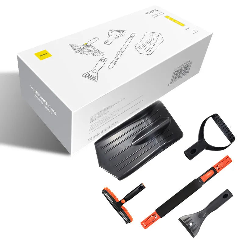 Car snow plough shovel set with ice and snow brush, telescopic rod, handle, winter snow shovel head, and plastic shovel