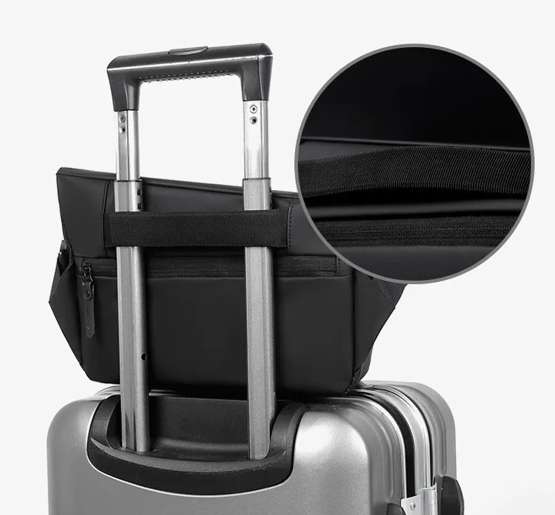 Men's black PU leather crossbody sling backpack with shoulder strap and zipper opening