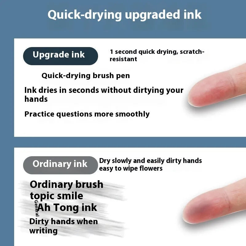 Four bullet pen refills showing black, blue, red, and ink blue ink colours with quick-drying technology