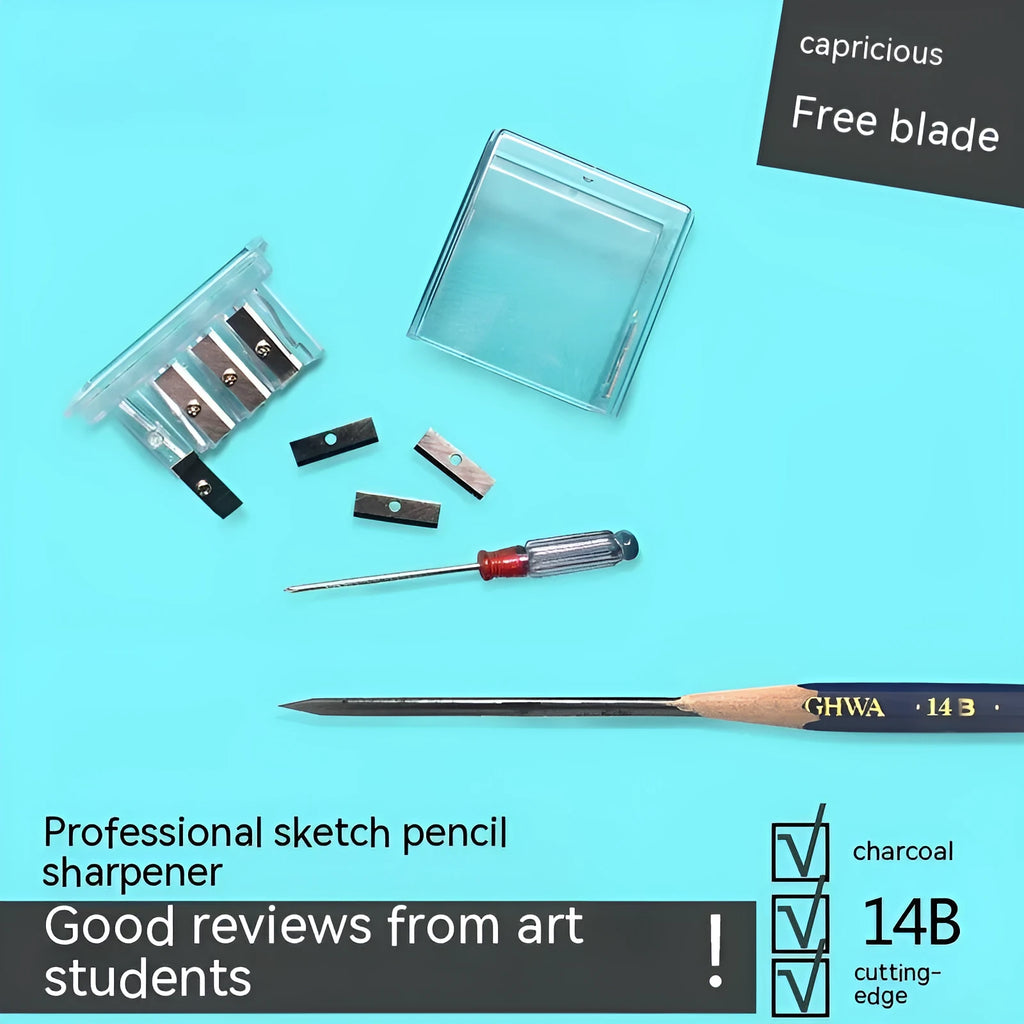 Geometric plastic pencil sharpener with four holes for different pencil sizes, includes screwdriver