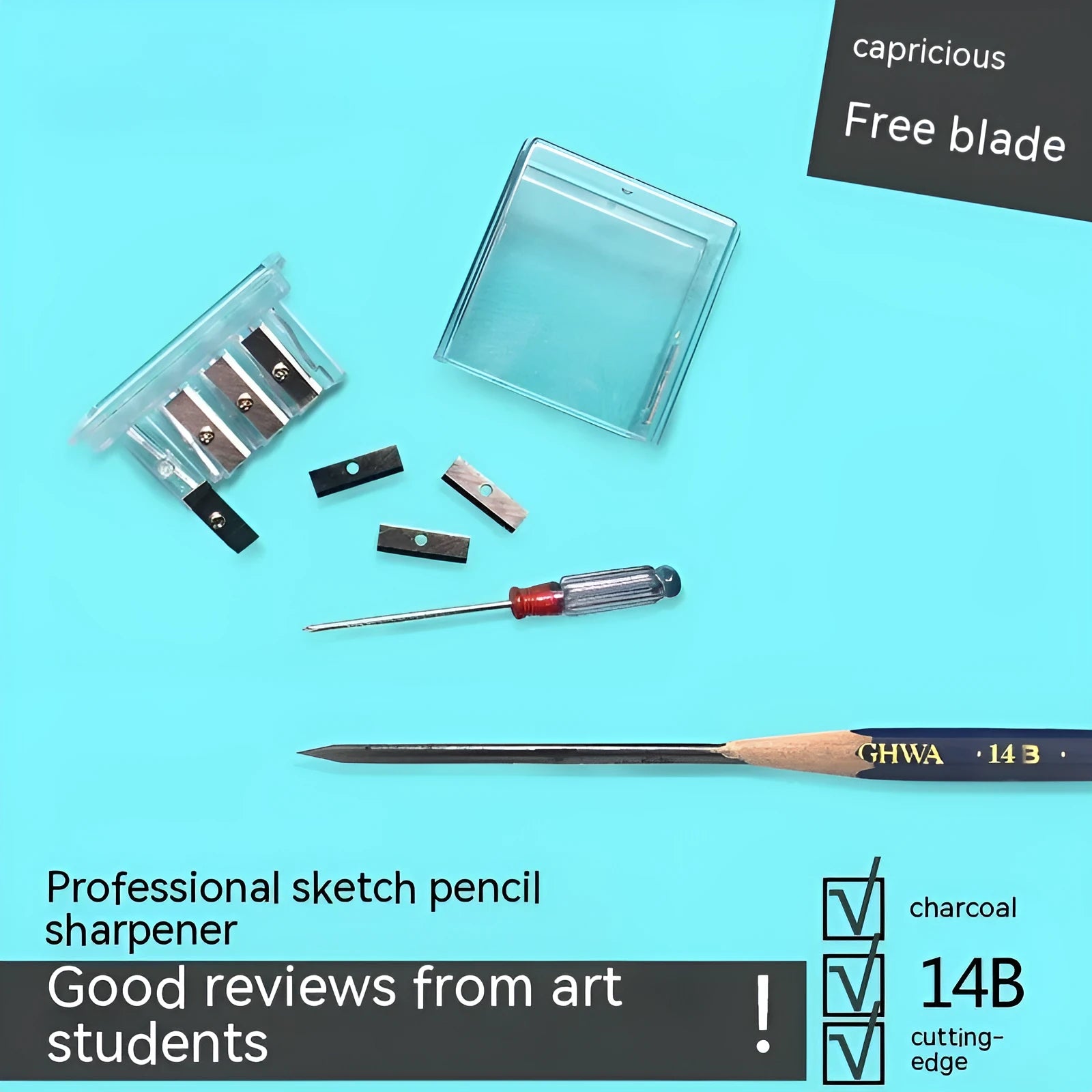 Geometric plastic pencil sharpener with four holes for different pencil sizes, includes screwdriver