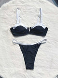 Black low waist women's bikini swimsuit with stitching detail and split design
