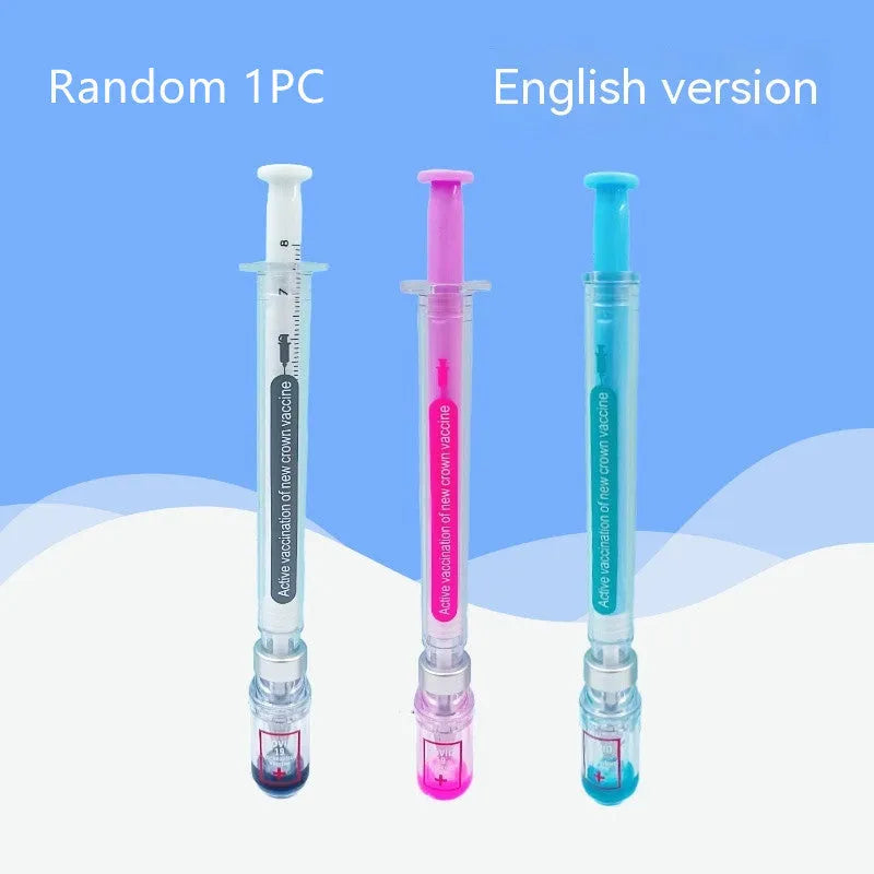 Vaccine design novelty gel pen with black ink 0.5mm tip on white background.