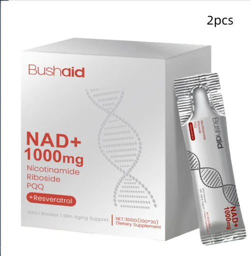 Two bottles of anti-aging dietary drink supplement with nicotinamide riboside and resveratrol