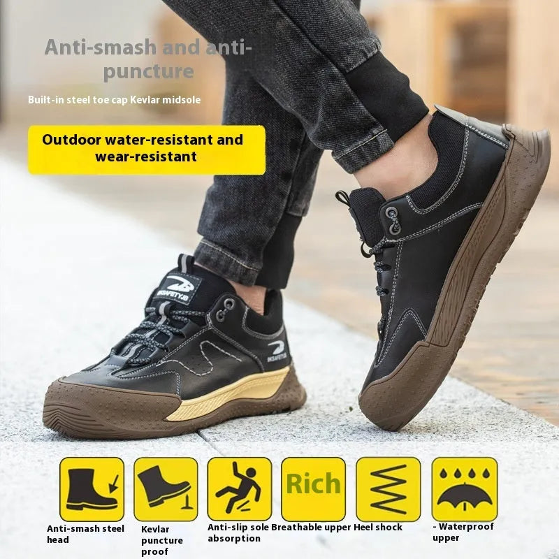 Flyknit leather work shoes with rubber sole, shown in black, brown, grey, and khaki colours.