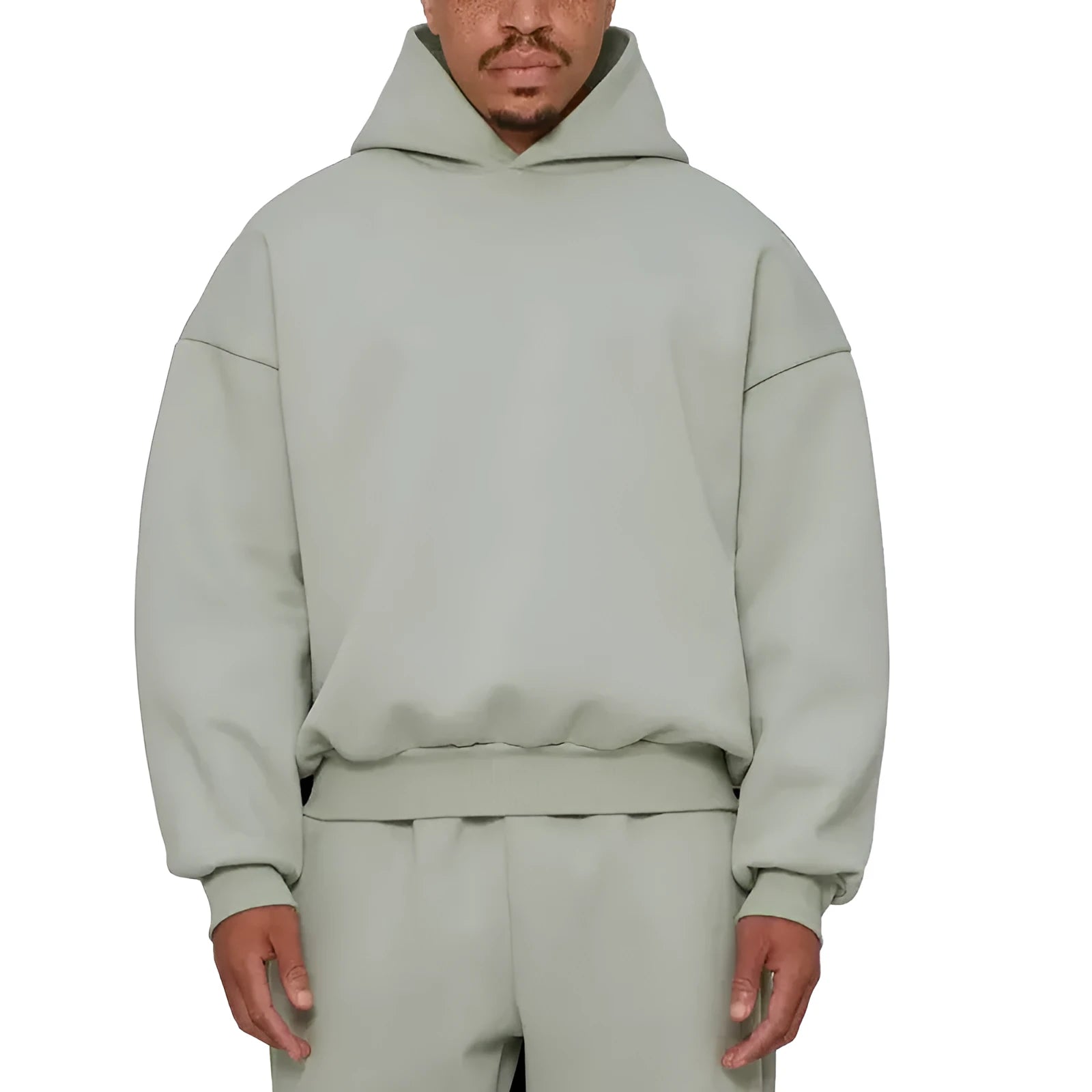 Men's grey fleece-lined cotton pullover hoodie with a wool lining and threaded long sleeves.