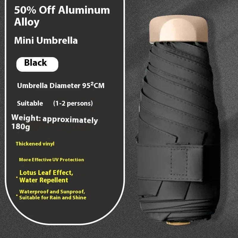 Closed five-fold manual umbrella with a gradient vinyl sunshade, showing the six-alloy-bone frame and one of eight colour options.