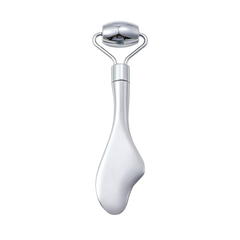 Stainless steel facial massage board with double-head roller, scraping plate, and heart-shaped eye poking stick
