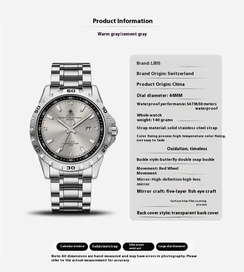 Men's silver business watch with stainless steel strap, luminous hands, and sapphire crystal glass face