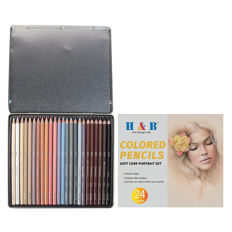 24 skin tone pencils in round iron storage pot for portrait artists and illustrators