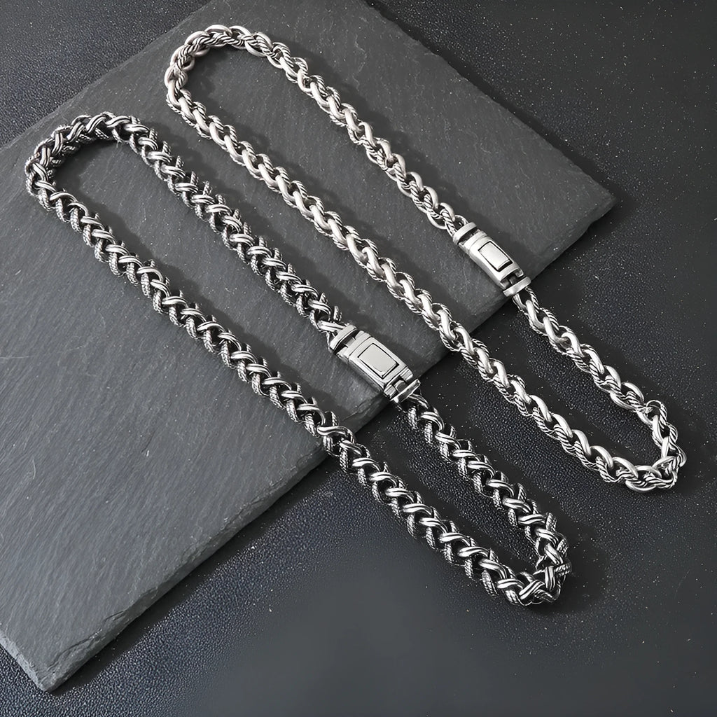 Men's antique silver titanium steel keel chain necklace with large hemp flower links.