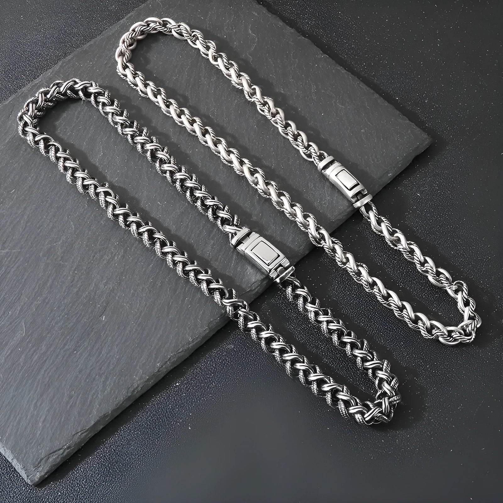 Men's antique silver titanium steel keel chain necklace with large hemp flower links.