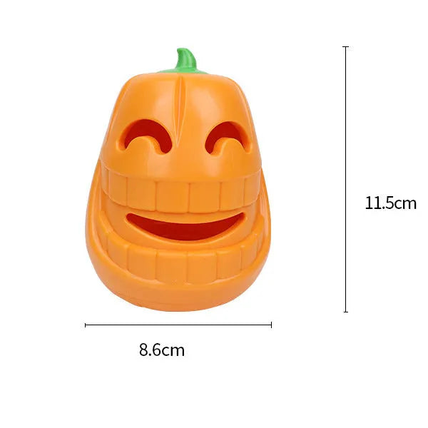 Orange Halloween pumpkin shaped interactive dog chew toy made of thermoplastic rubber with treat dispensing funnel design for all breed sizes