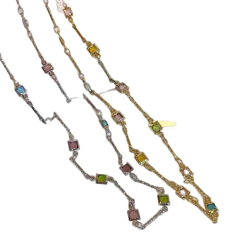 Square artificial crystal geometric clavicle chain necklace with gold plating