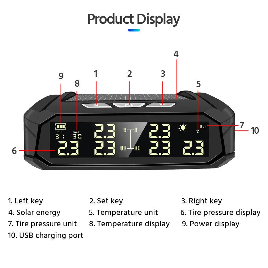 Solar external tire pressure monitor display with six sensors for RV and truck use