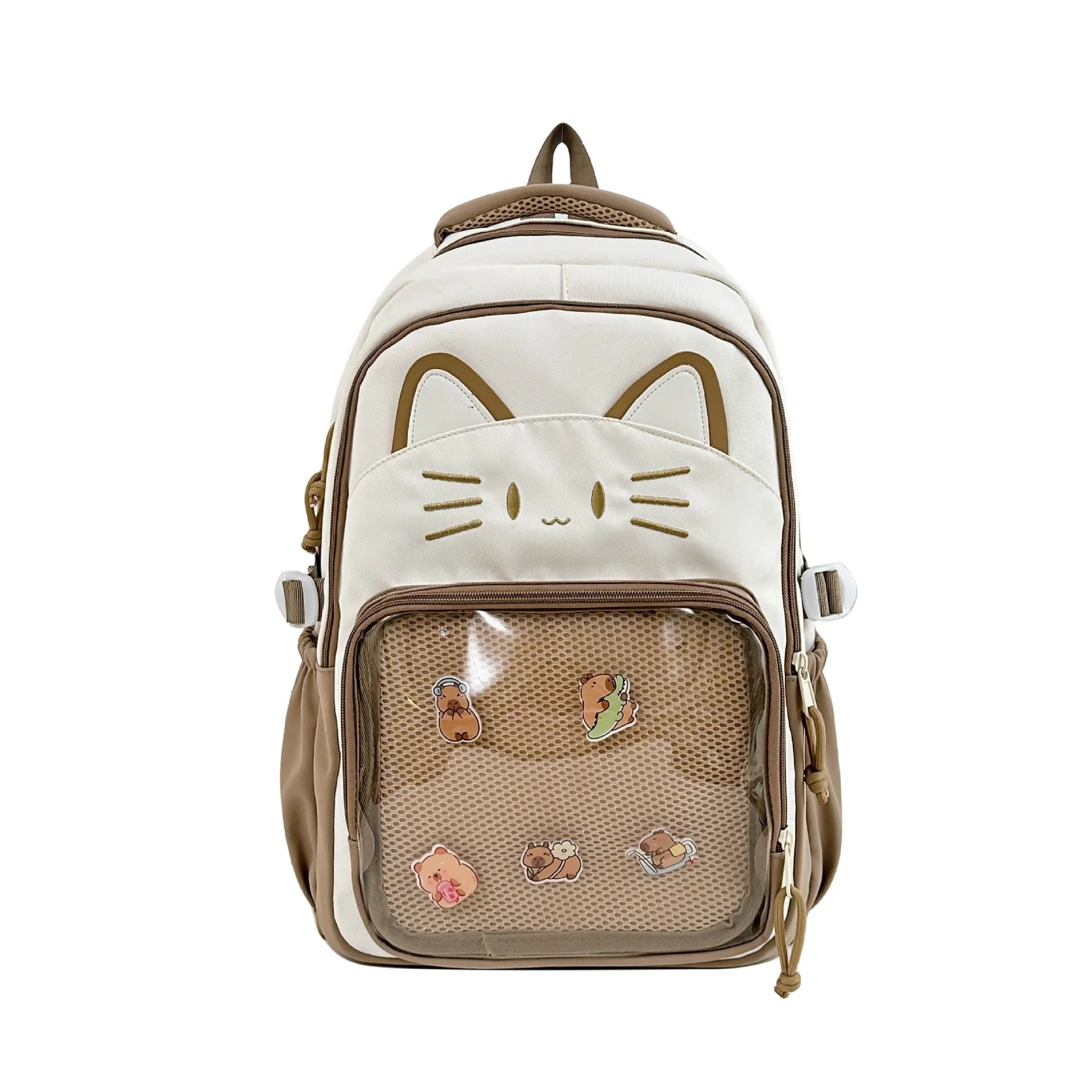 Korean cartoon anime style large capacity nylon backpack in various colours with curved shoulder straps.