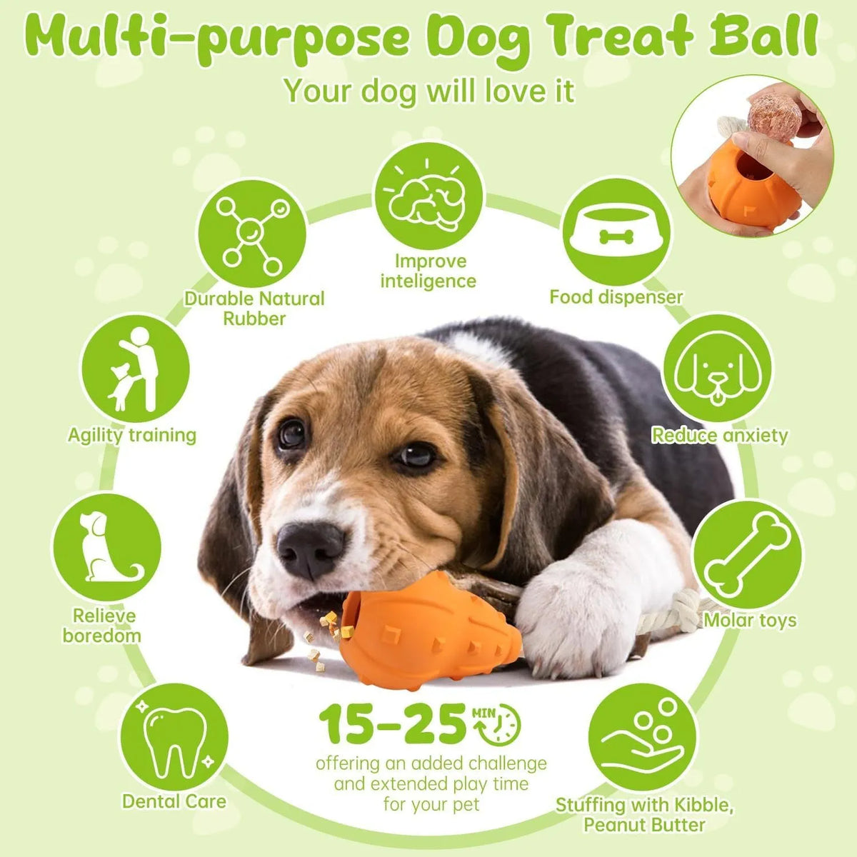 Natural rubber stuffable dog toy with a long strap for fetch, shown with treats inside the hollow centre.