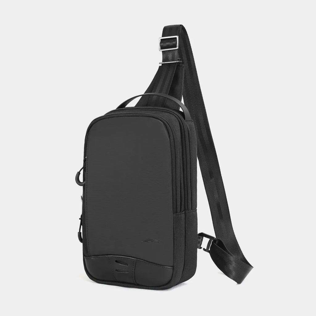 Casual black TPU waterproof chest bag with single strap and square vertical shape.