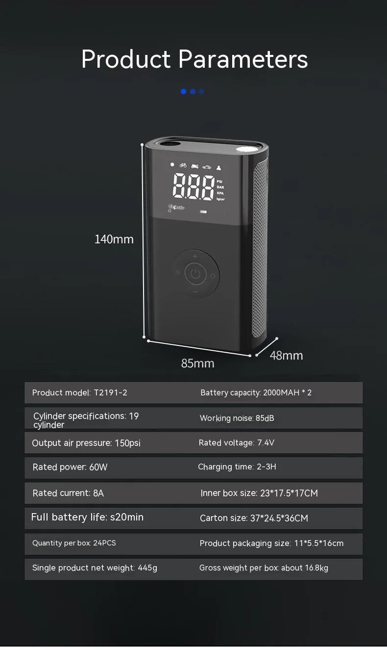Wireless digital display air pump with ABS housing and multiple inflation attachments